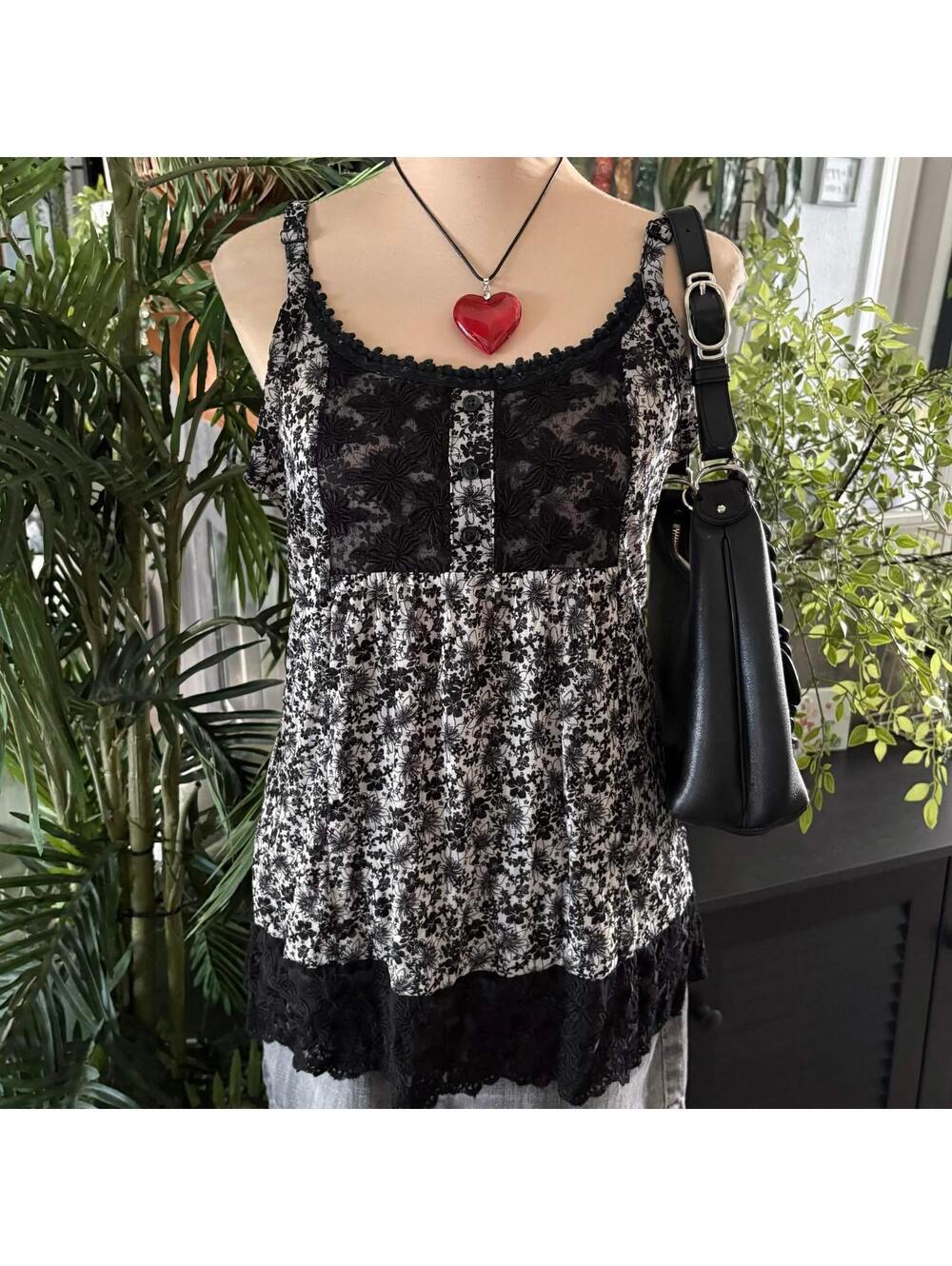 vintage y2k coquette black and white floral babydoll top